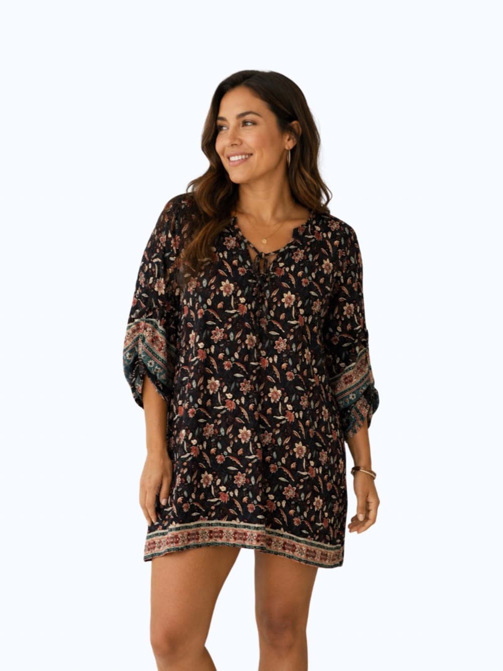 Hotouch Women’s Tunic Small Multicolor Floral Rayon Summer 3/4 Sleeve Tie Neck